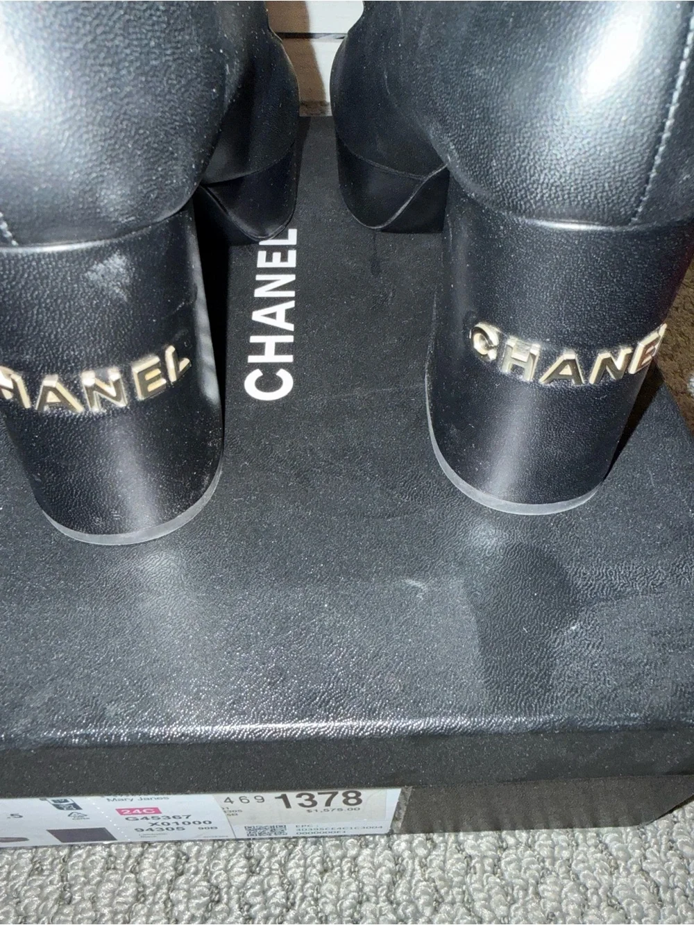 CHANEL Black Platform Mary Jane Pumps with Gold Accent